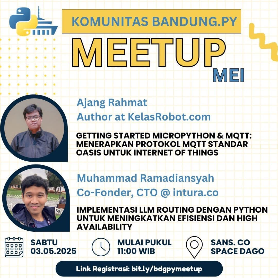 Poster meetup BandungPy Mei 2025 menampilkan Muhammad Ramadiansyah, CTO Intura