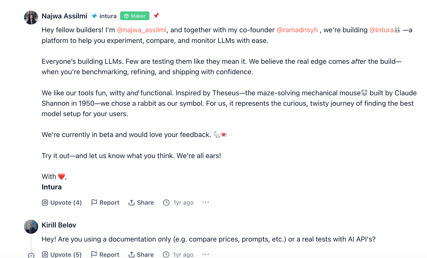 Postingan maker oleh Najwa Assilmi, Co-Founder Intura, memperkenalkan platform kepada komunitas Product Hunt