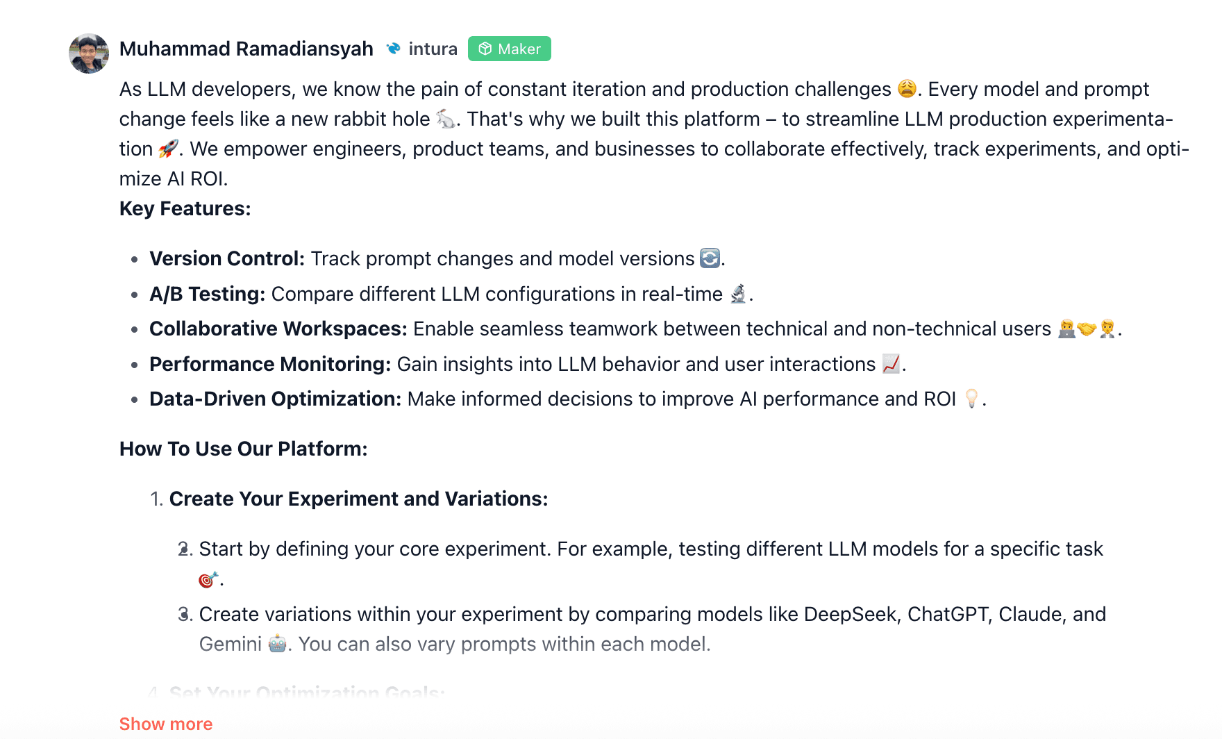 Muhammad Ramadiansyah, Co-Founder dan CTO Intura, merinci fitur-fitur produk utama di kolom komentar Product Hunt