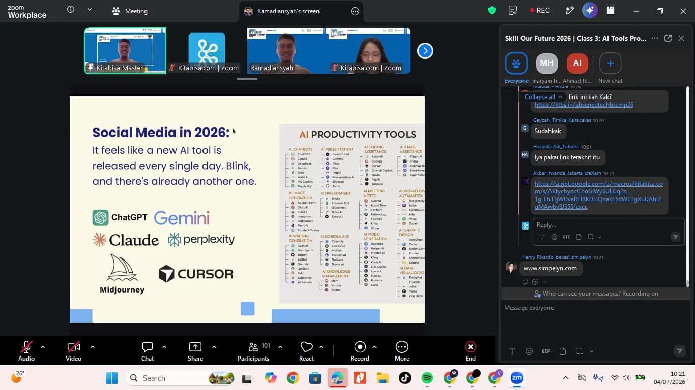 Session slide mapping the AI tool categories founders use in 2026 — design, coding, productivity, and research — at the EdTech Impact Bootcamp