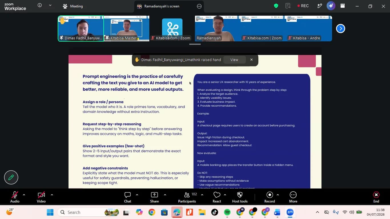 Prompt engineering segment of the session — role assignment, few-shot examples, step-by-step reasoning, and negative constraints demonstrated live